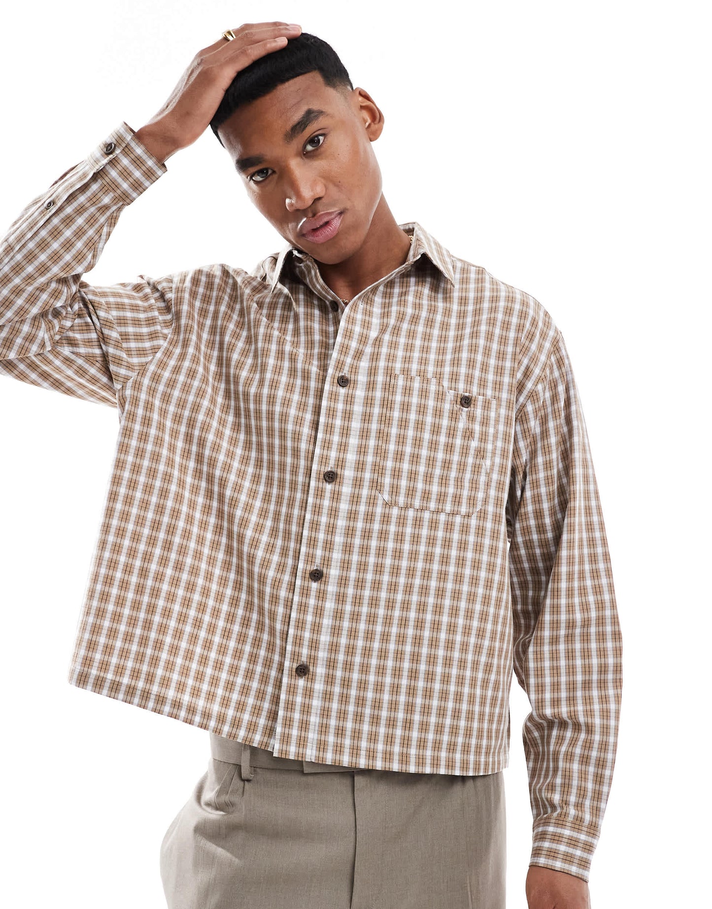 ASOS DESIGN cropped oversized shirt in brown check