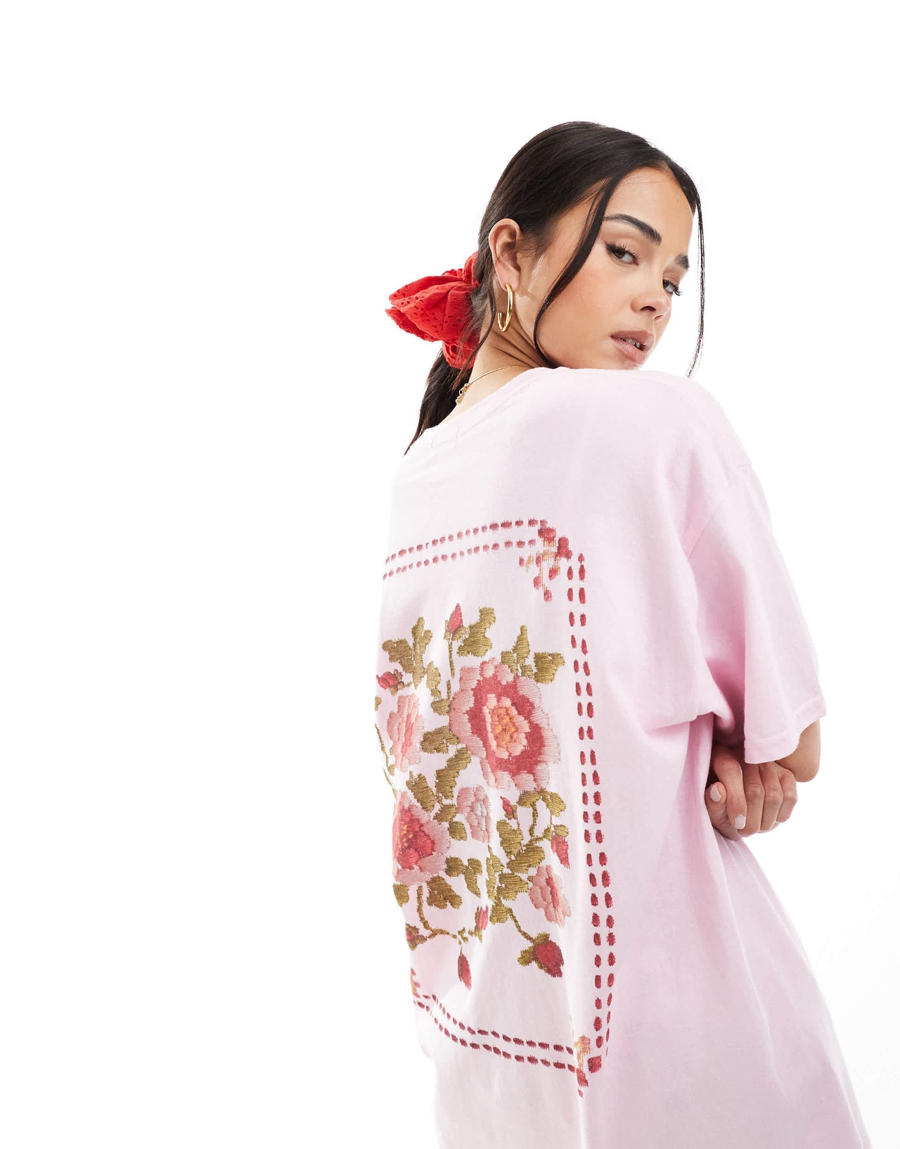 Miss Selfridge floral print oversized tee in pink
