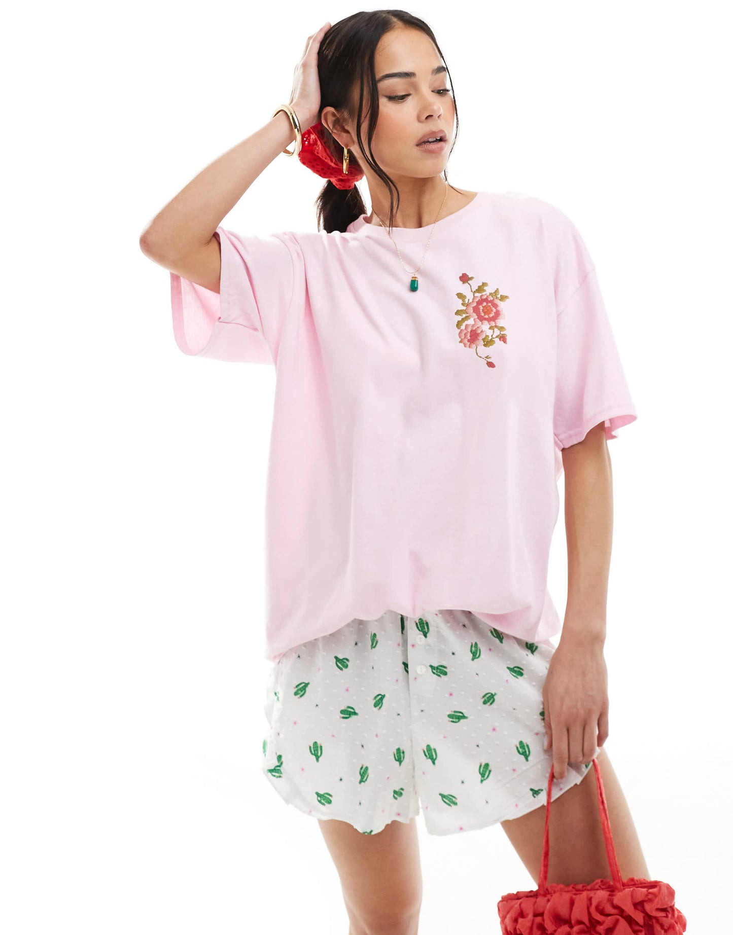 Miss Selfridge floral print oversized tee in pink