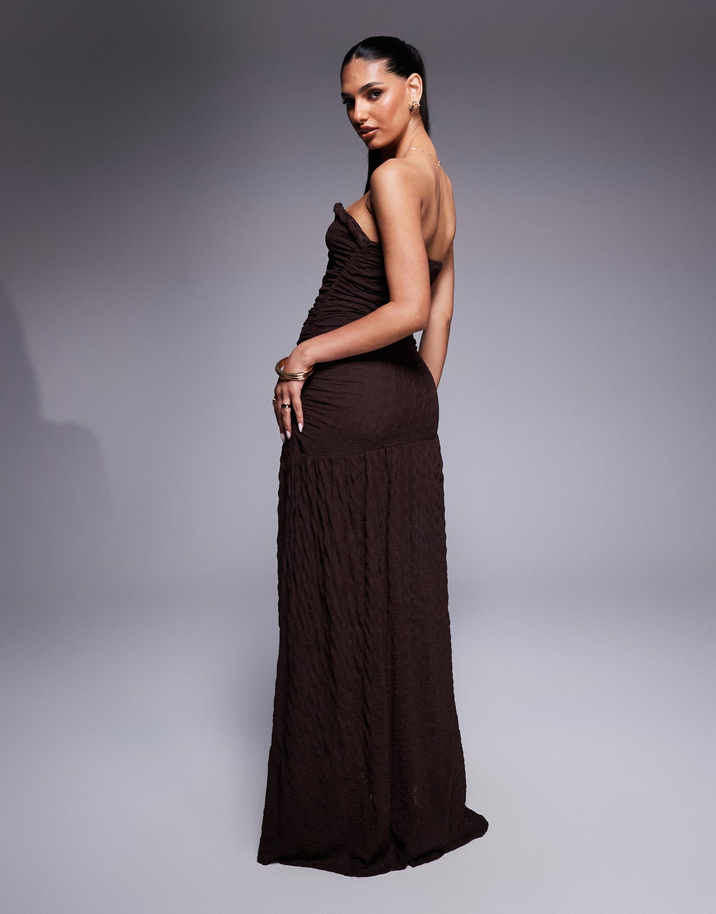 ASOS DESIGN textured bandeau maxi dress with curved trim and lace up detail in chocolate