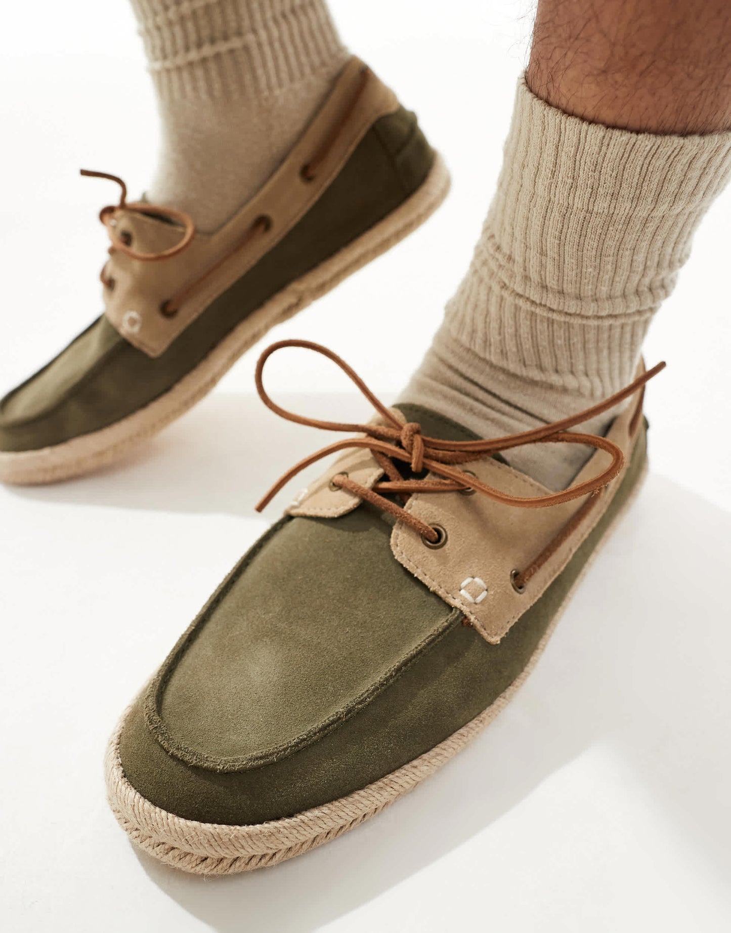 schuh Perez espadrille boat shoes in khaki and taupe suede