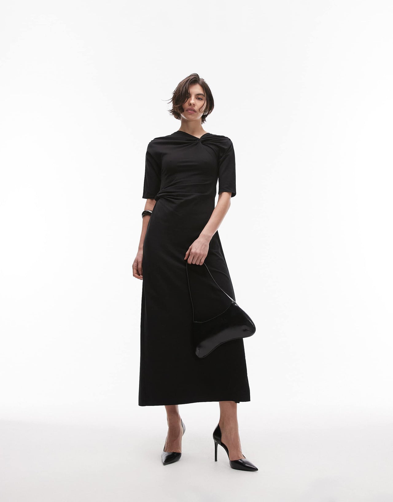 & Other Stories jersey long sleeve maxi dress with knotted  detail in black