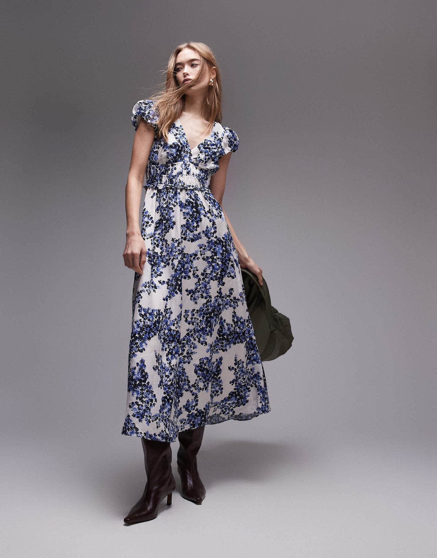 & Other Stories maxi dress with tier hem and ruffle sleeves in blue porcelain floral print