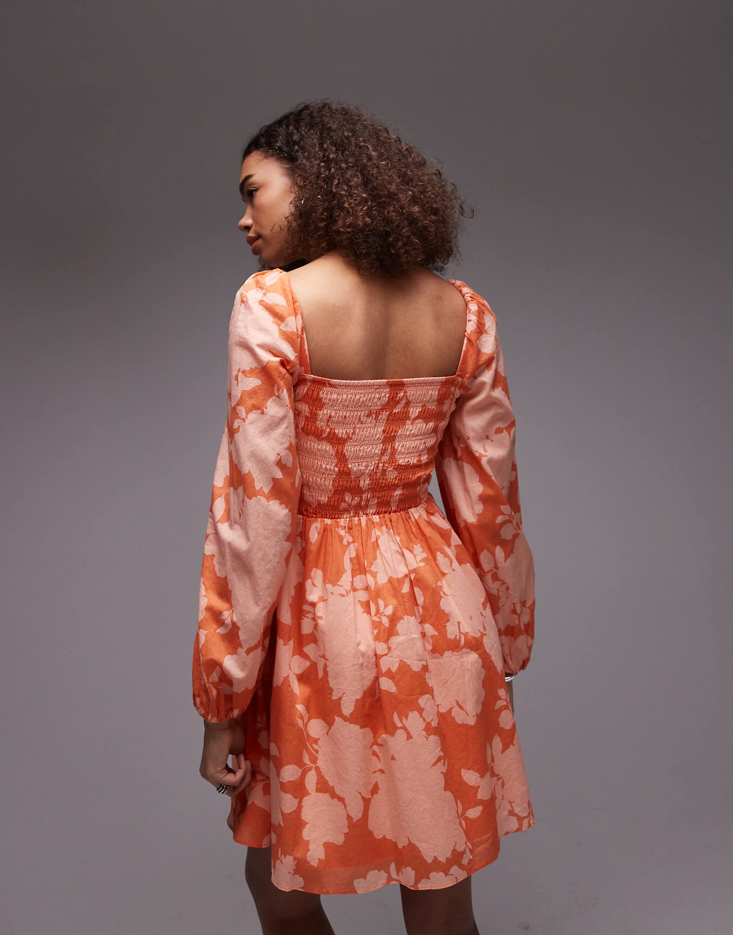 & Other Stories square neck shirred bodice mini dress with peep cut out back in orange floral print