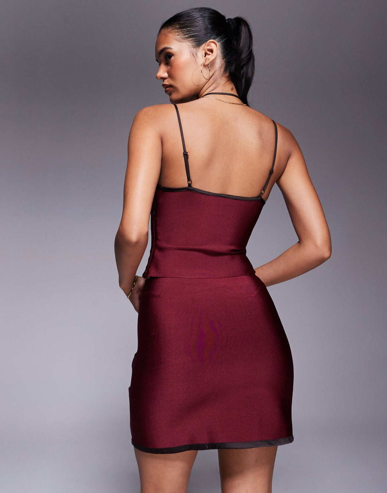 ASOS DESIGN co-ord sculpting contrast satin binding mini skirt in burgundy