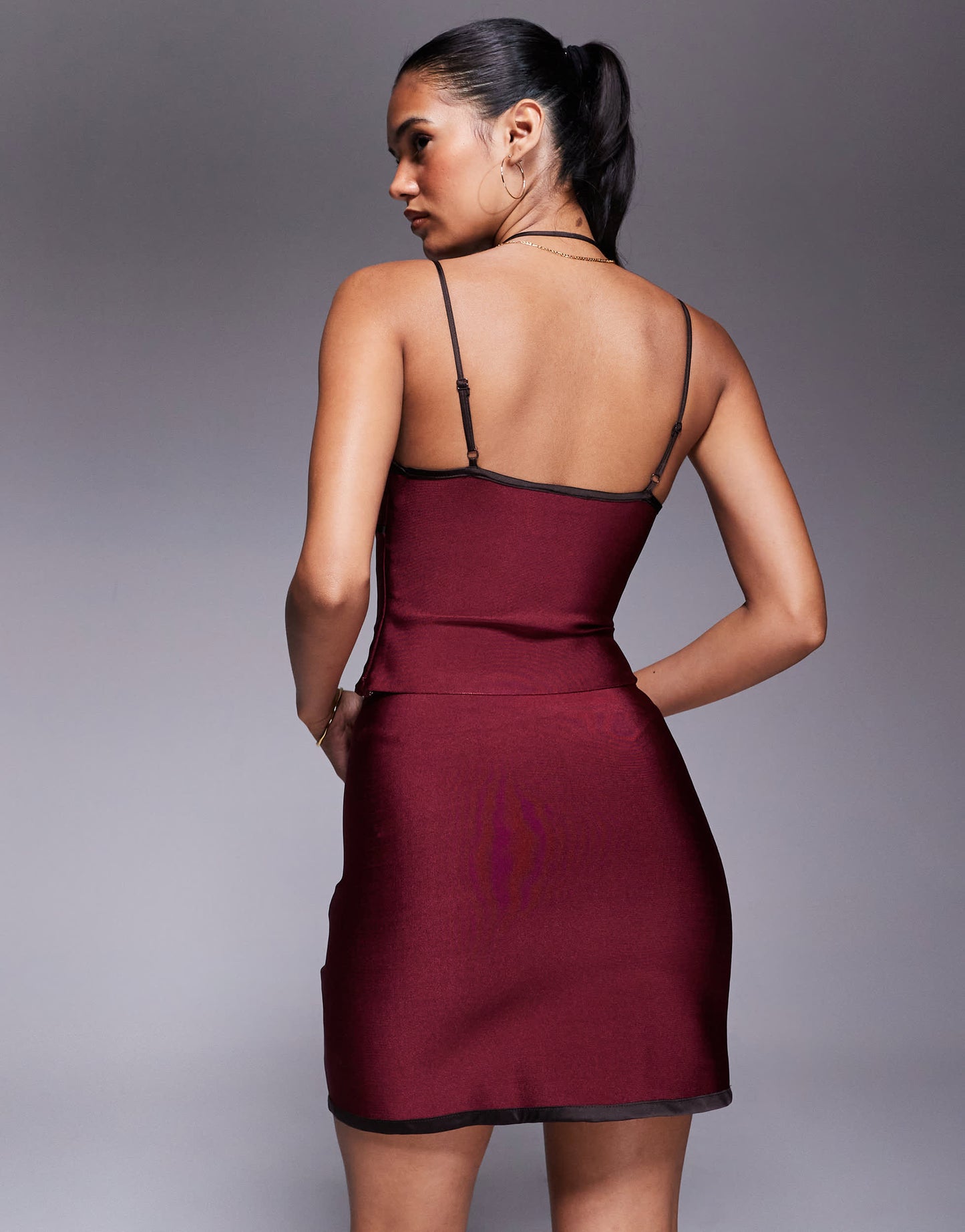 ASOS DESIGN co-ord sculpting contrast satin binding mini skirt in burgundy