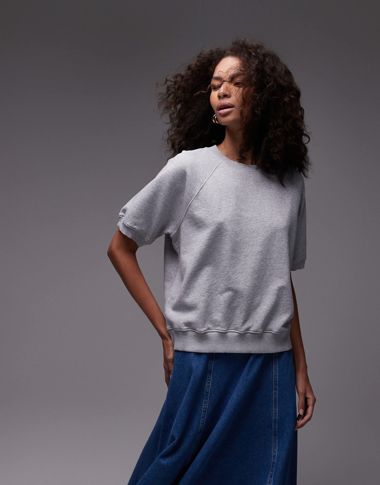 ARKET soft terry sweatshirt with short sleeves in grey melange