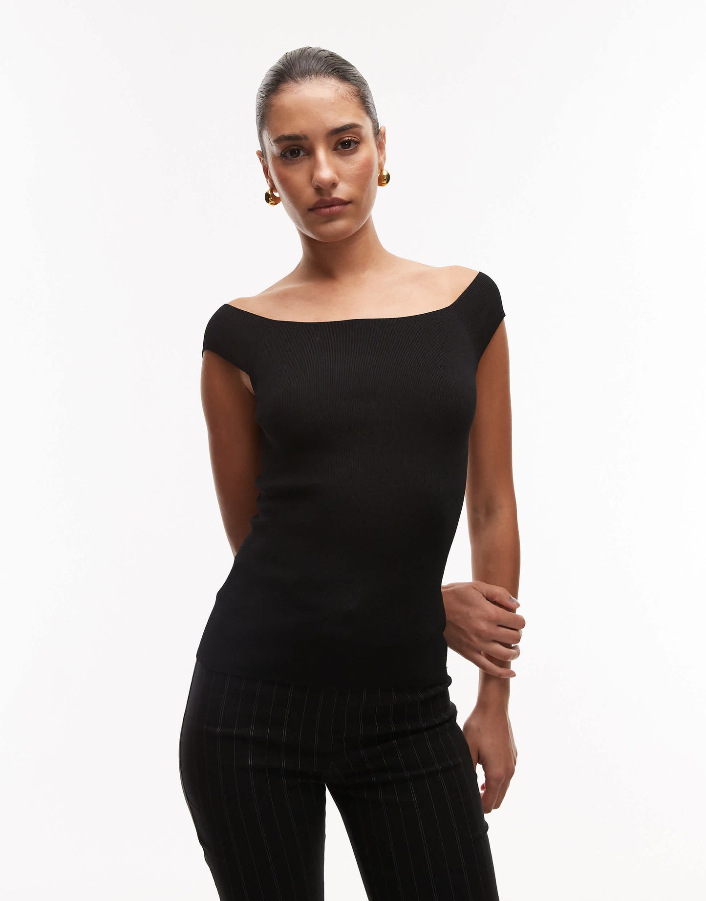ARKET structured knit off shoulder top with sweetheart neckline in black