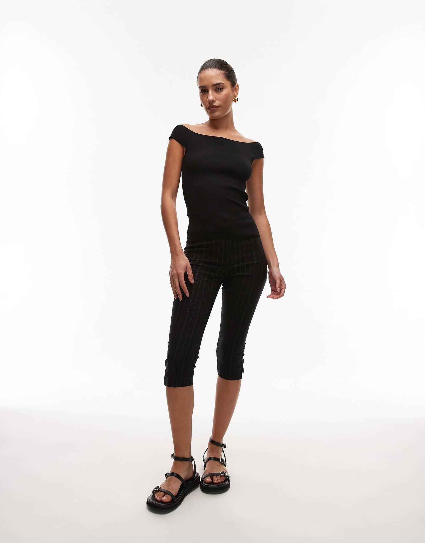 ARKET structured knit off shoulder top with sweetheart neckline in black