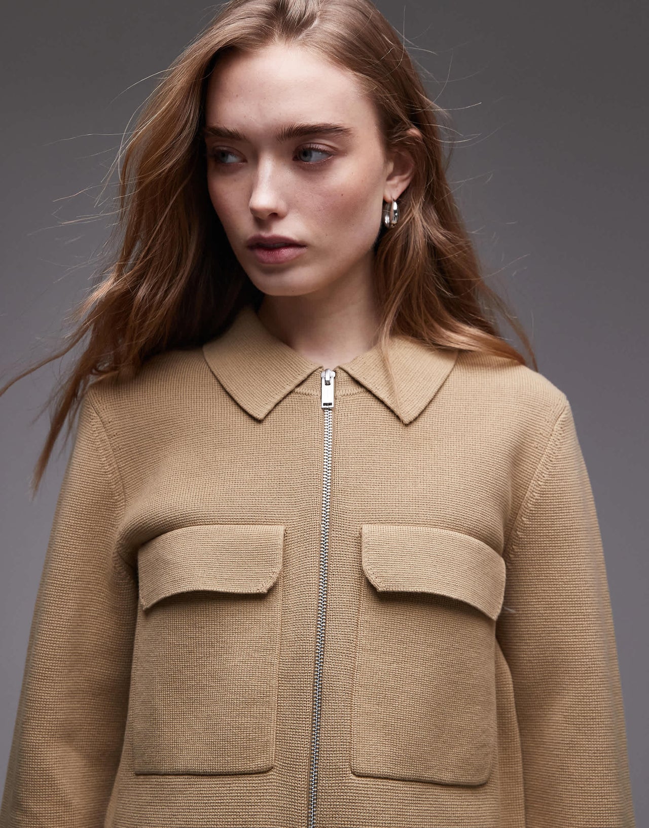 ARKET pure cotton knitted compact utility jacket in dark beige