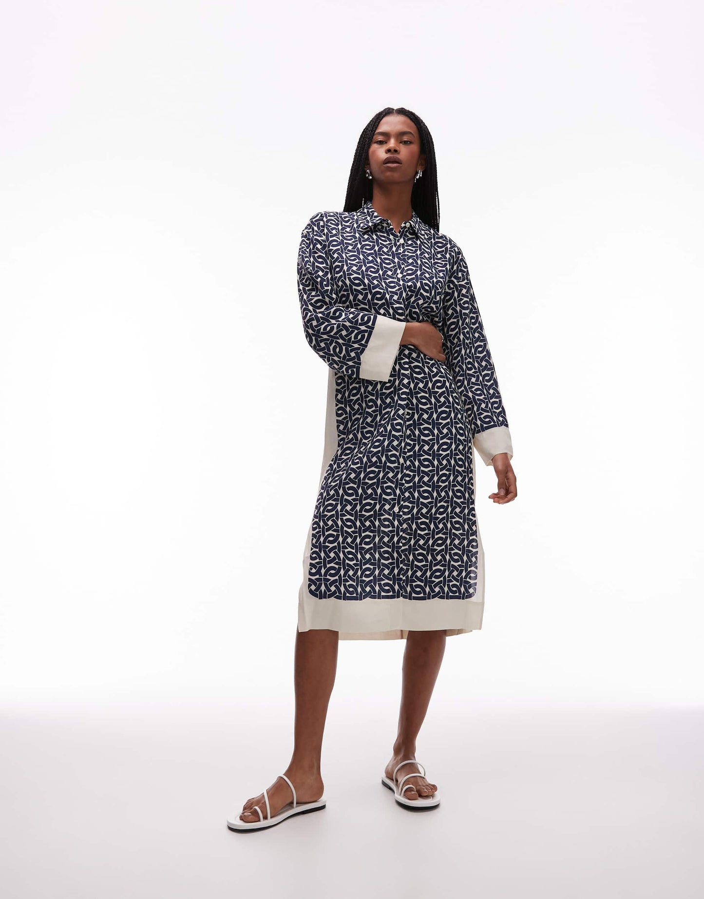 ARKET long sleeve midi shirt dress in blue and white print