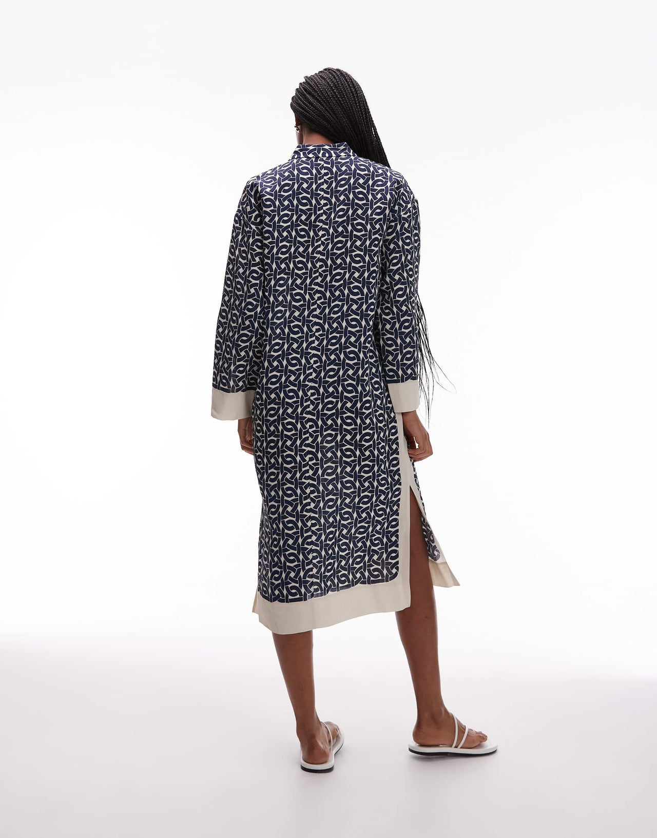 ARKET long sleeve midi shirt dress in blue and white print