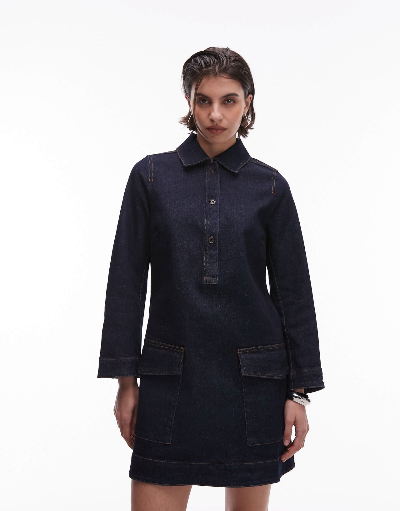 ARKET utility denim mini dress with patch front pockets in clean indigo wash