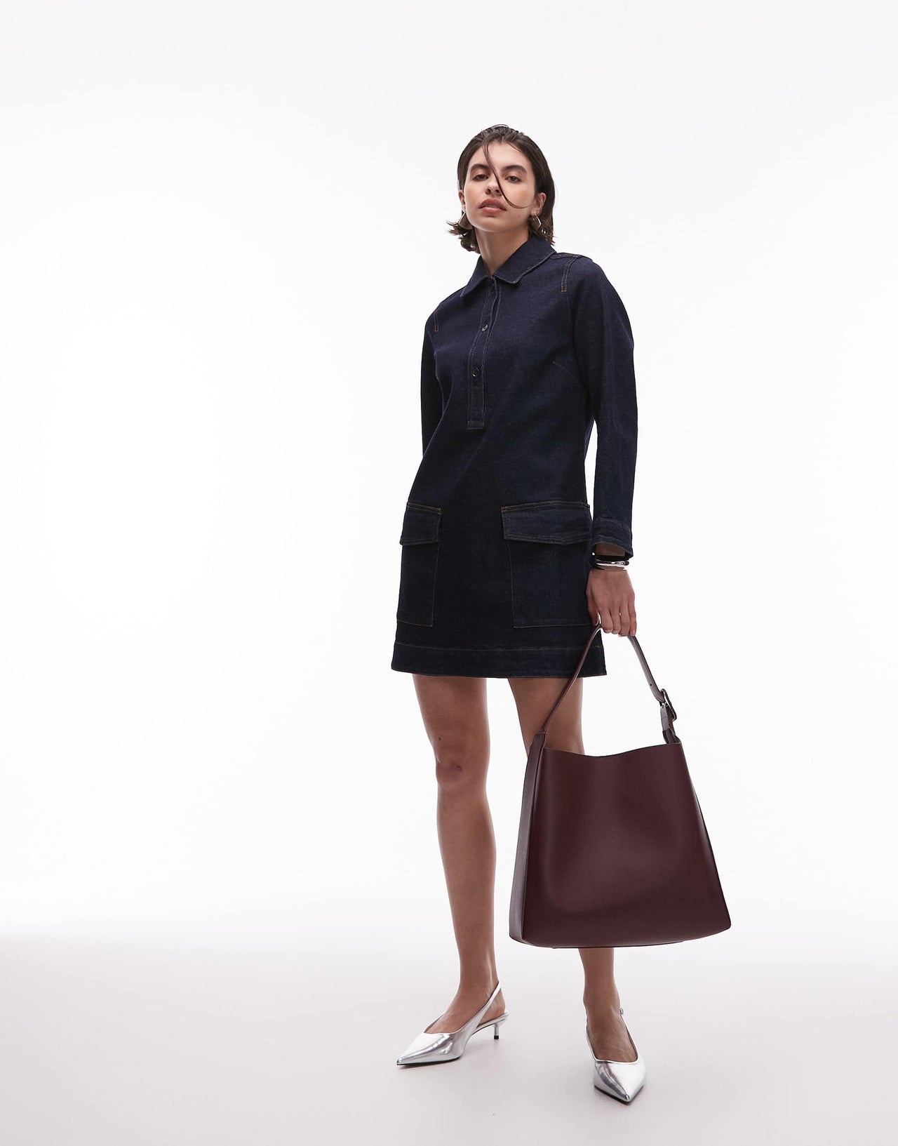 ARKET utility denim mini dress with patch front pockets in clean indigo wash