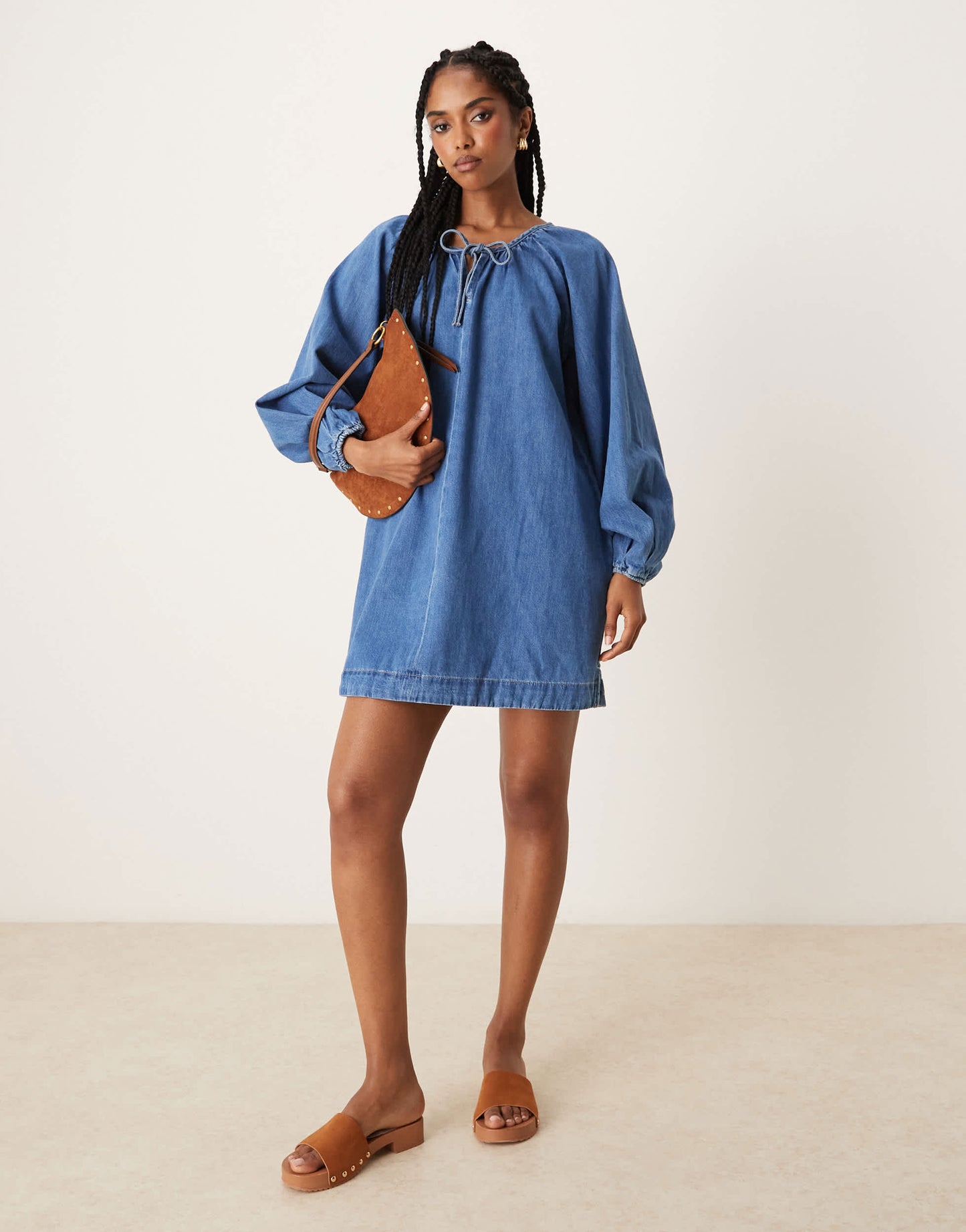 ASOS DESIGN denim mini dress with balloon sleeves in midwash blue