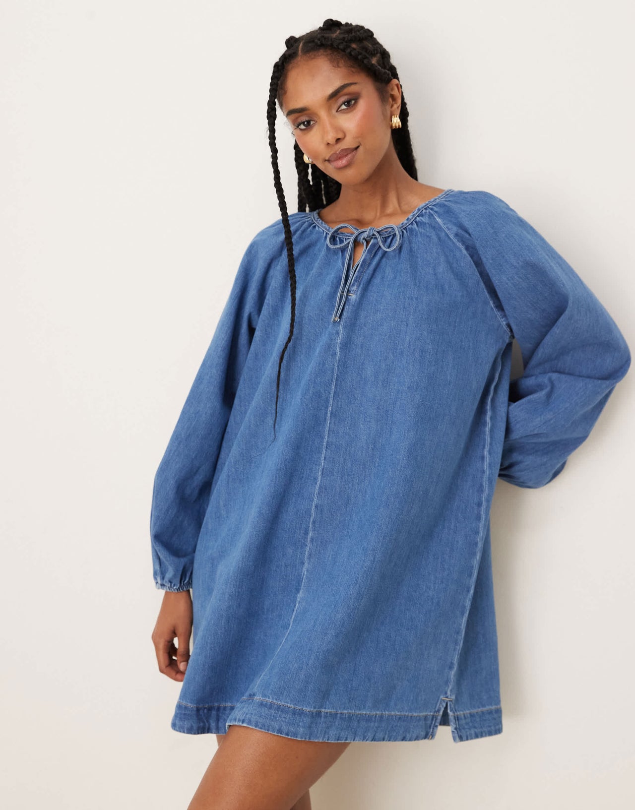 ASOS DESIGN denim mini dress with balloon sleeves in midwash blue