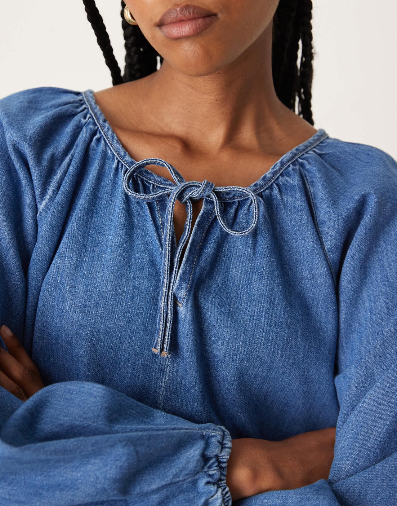 ASOS DESIGN denim mini dress with balloon sleeves in midwash blue