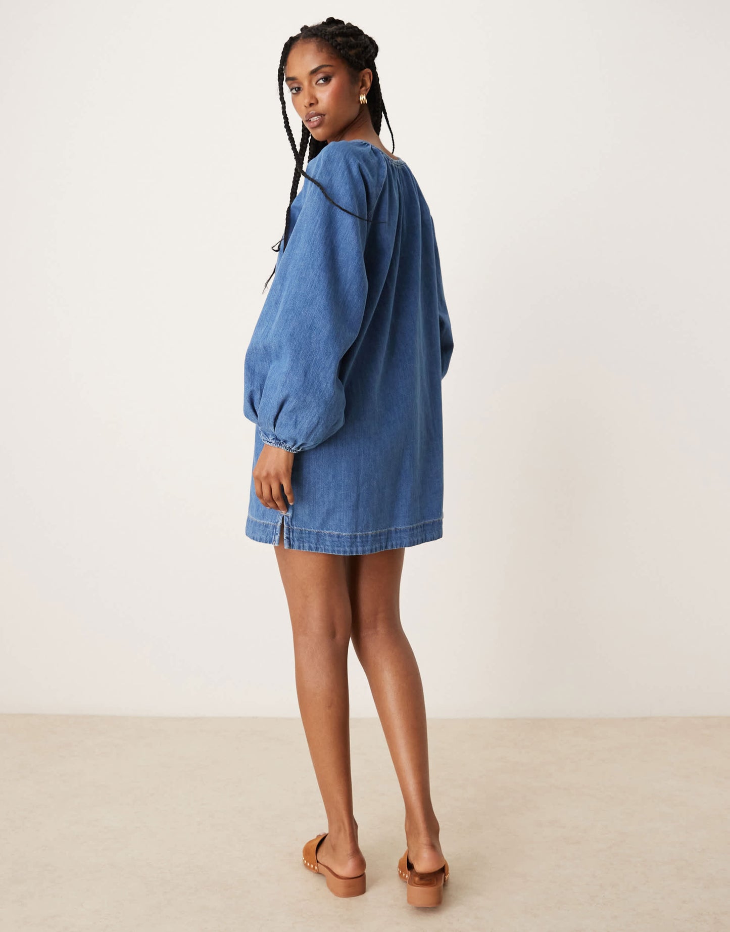 ASOS DESIGN denim mini dress with balloon sleeves in midwash blue