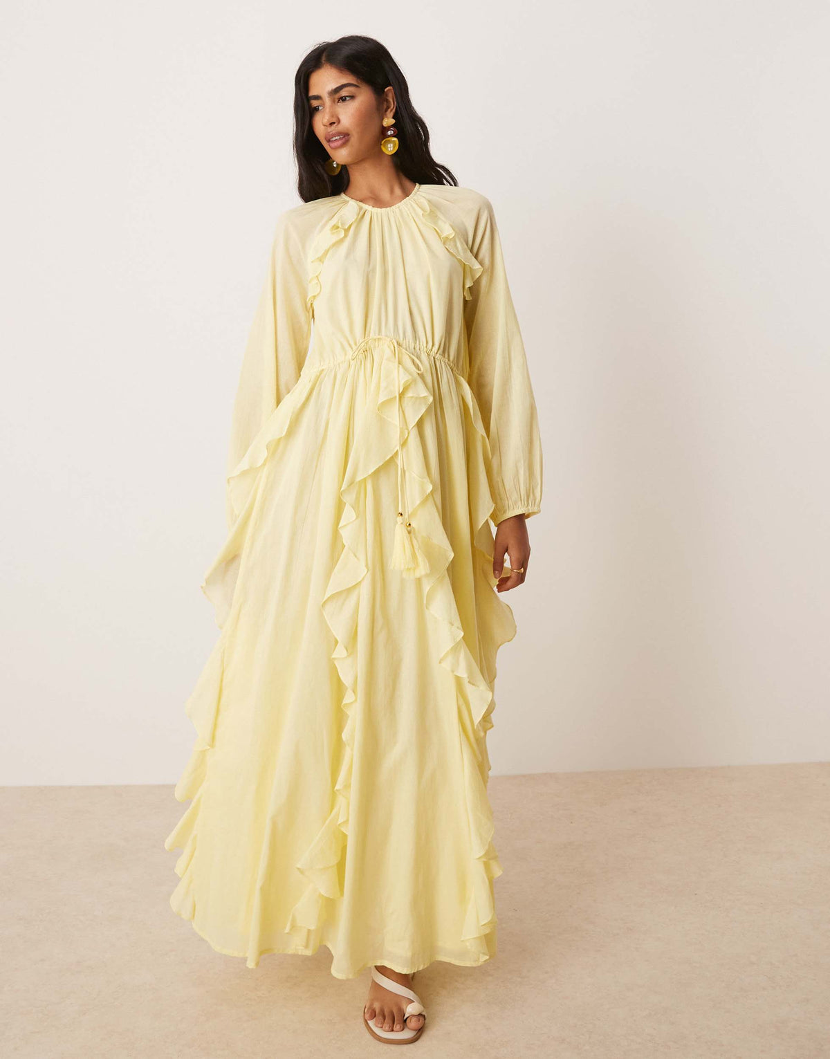 ASOS DESIGN crew neck ruched waist maxi dress with ruffles in lemon