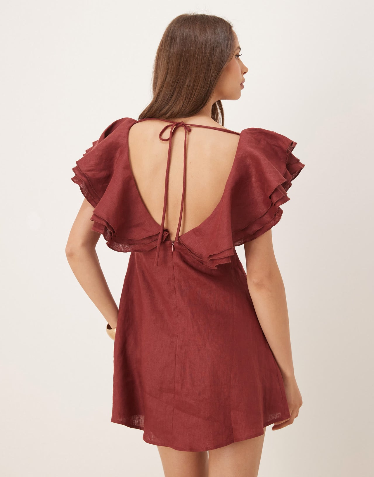 VRG GRL party nights frill detail linen mini dress in burgundy