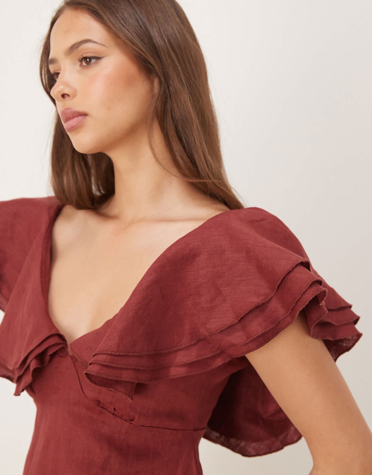 VRG GRL party nights frill detail linen mini dress in burgundy