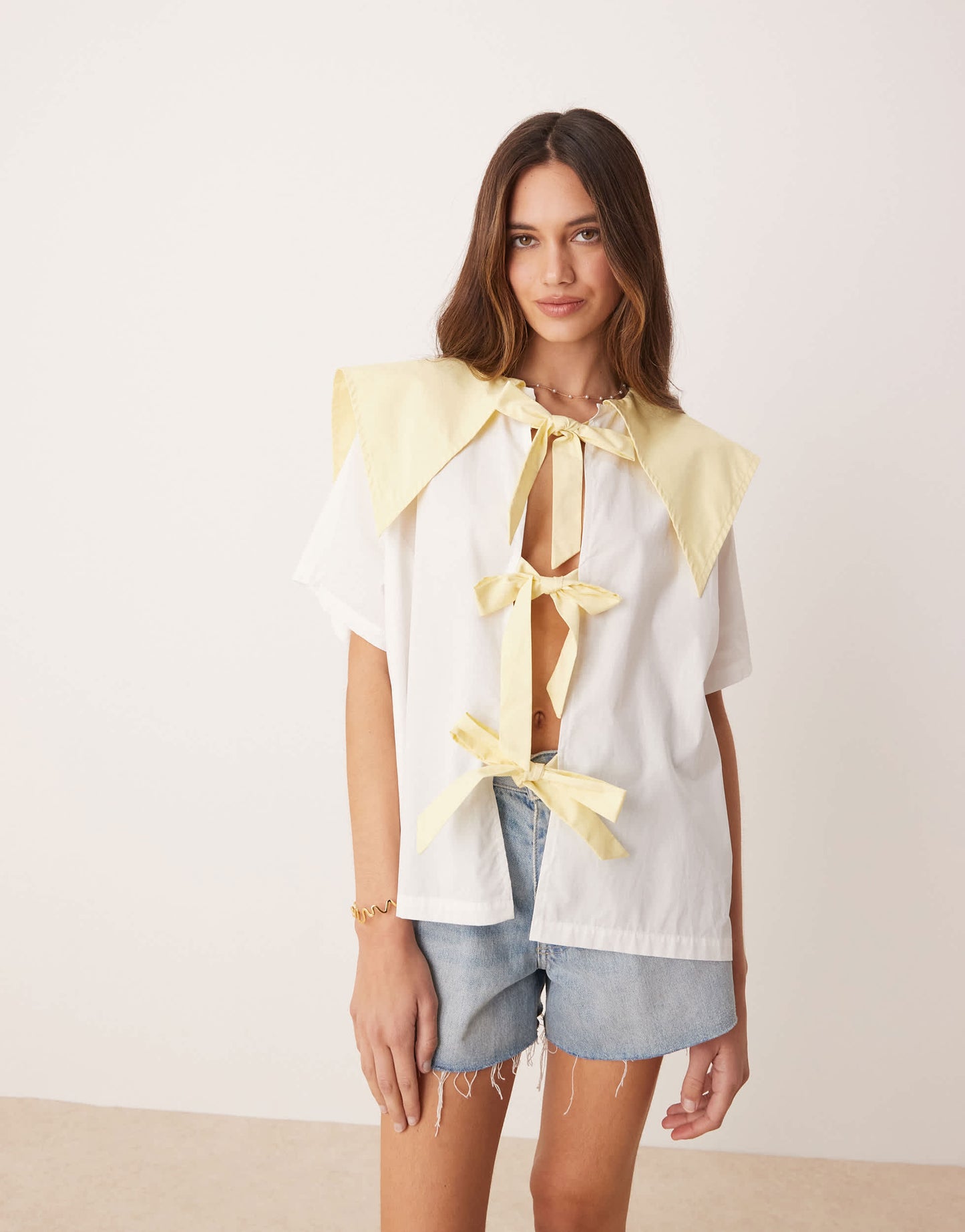 VRG GRL romy tie-detail smock blouse in white and lemon