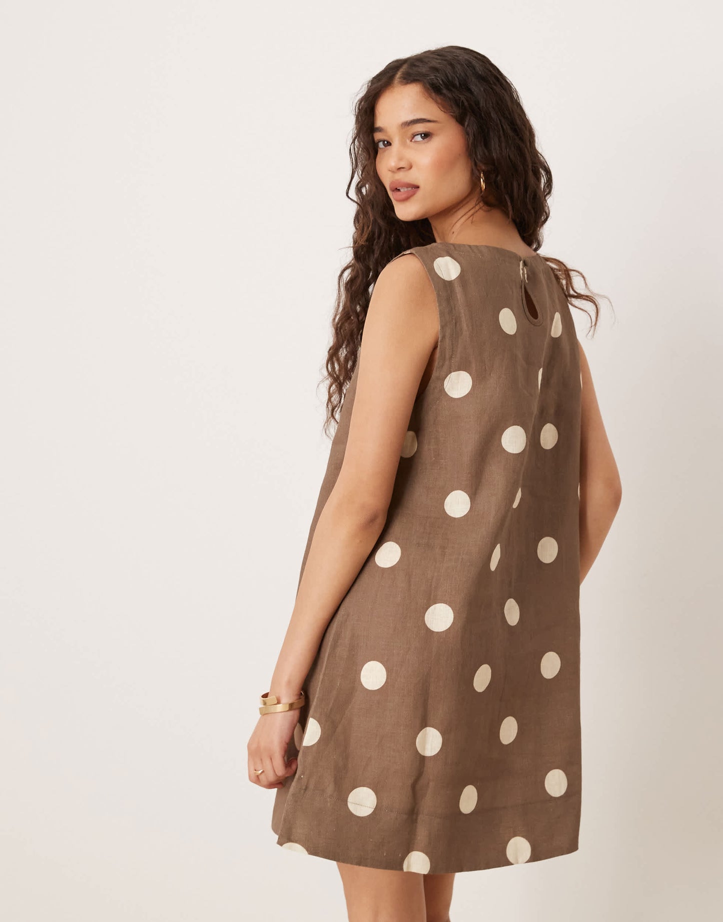 VRG GRL aftersun polka dot linen mini shift dress in brown
