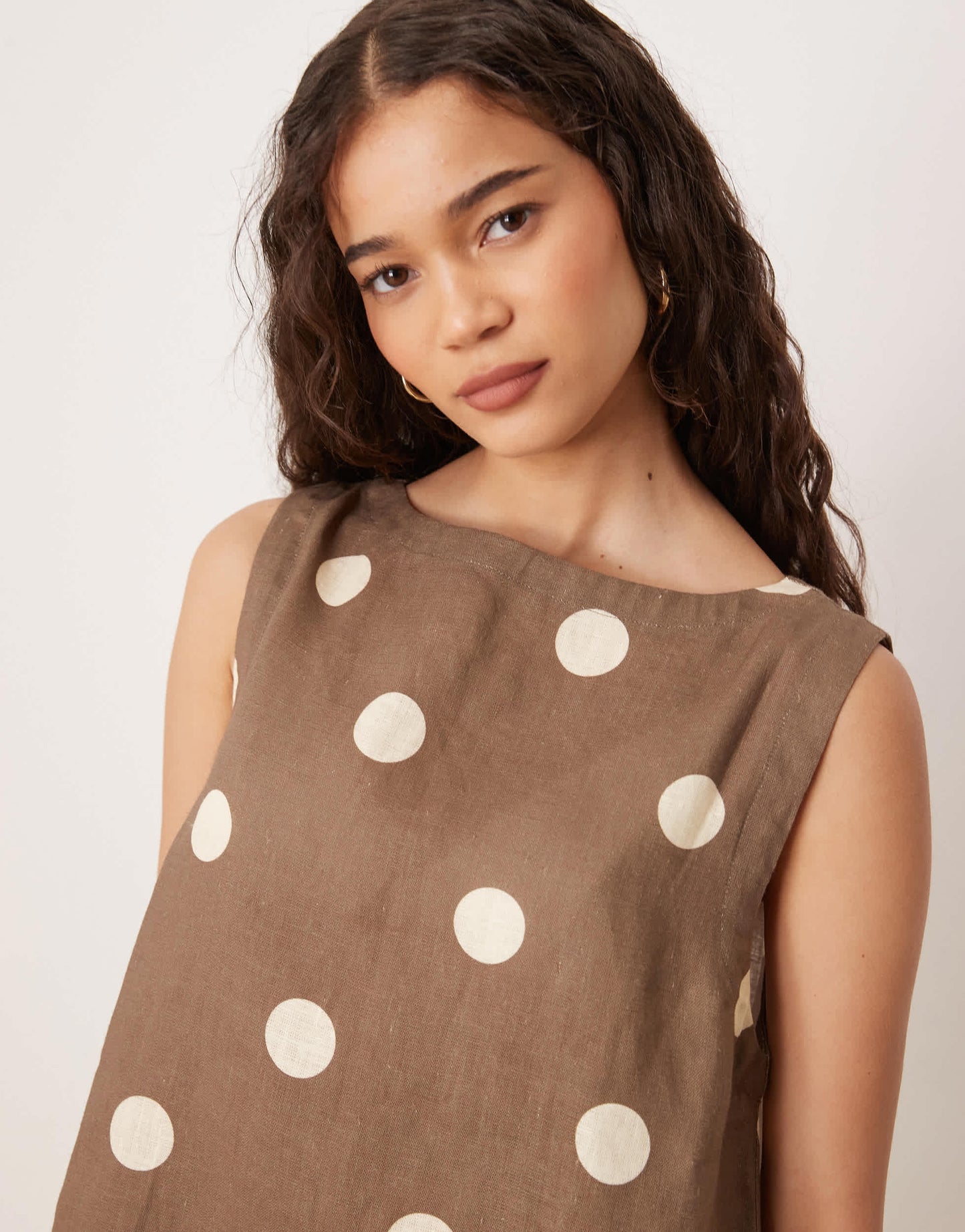 VRG GRL aftersun polka dot linen mini shift dress in brown