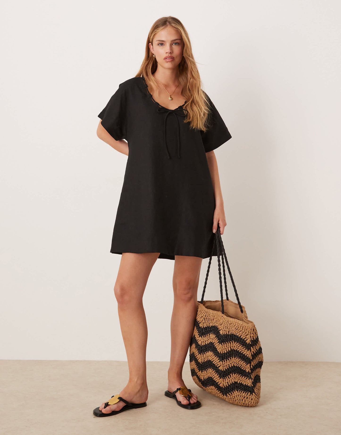 VRG GRL nellie linen mini smock dress in black