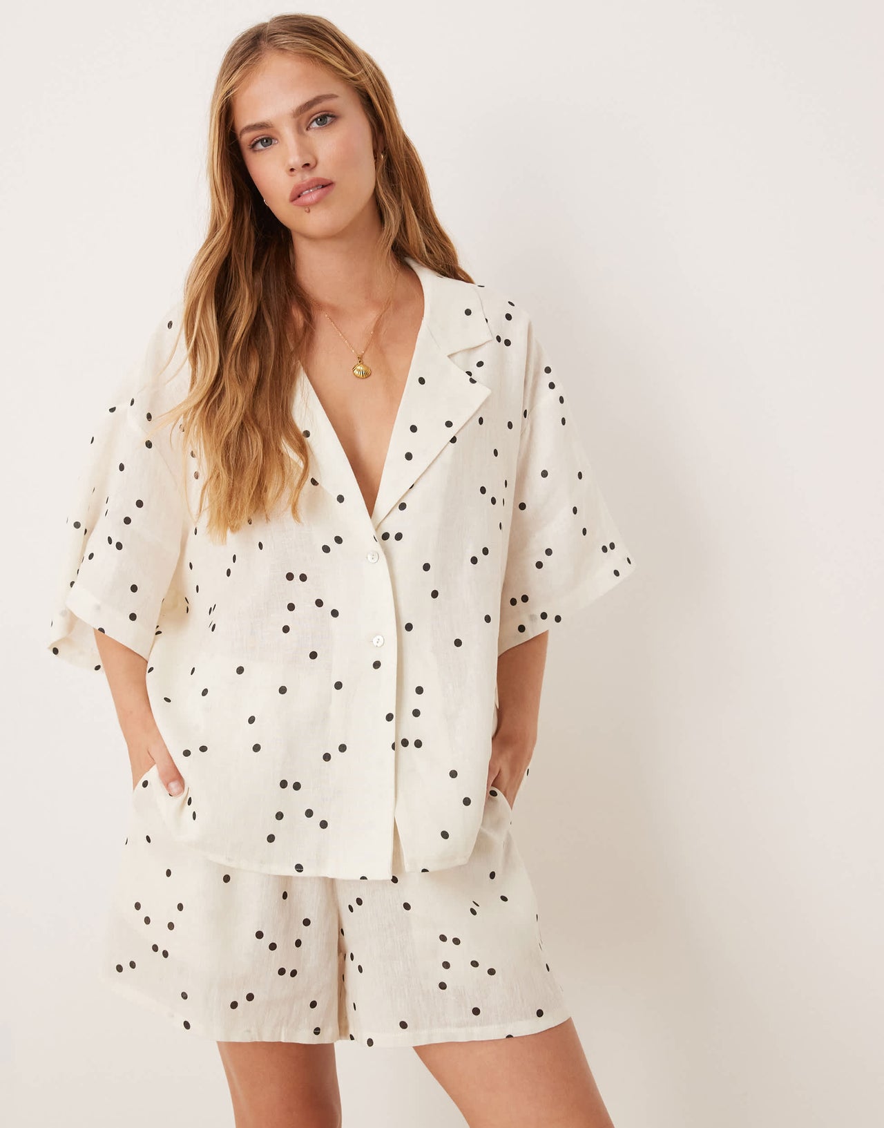 VRG GRL anke polka dot linen shirt co-ord in white