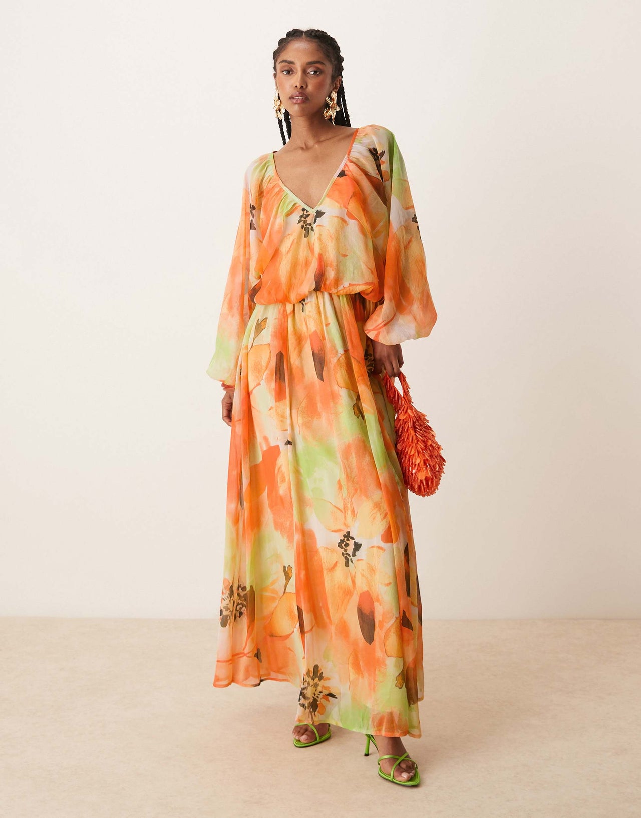 ASOS DESIGN long sleeve puff blouson maxi dress in overblown orange floral print