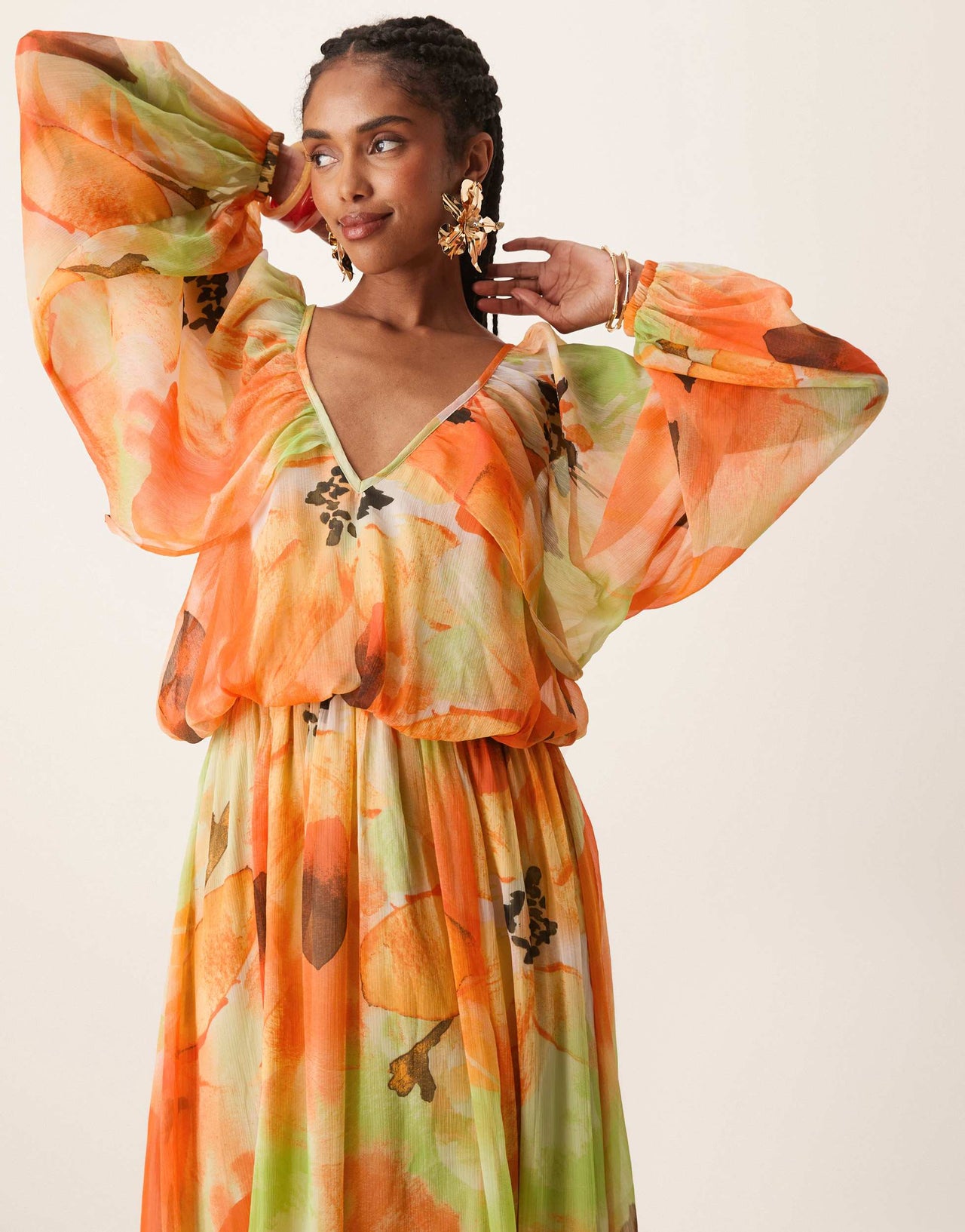 ASOS DESIGN long sleeve puff blouson maxi dress in overblown orange floral print