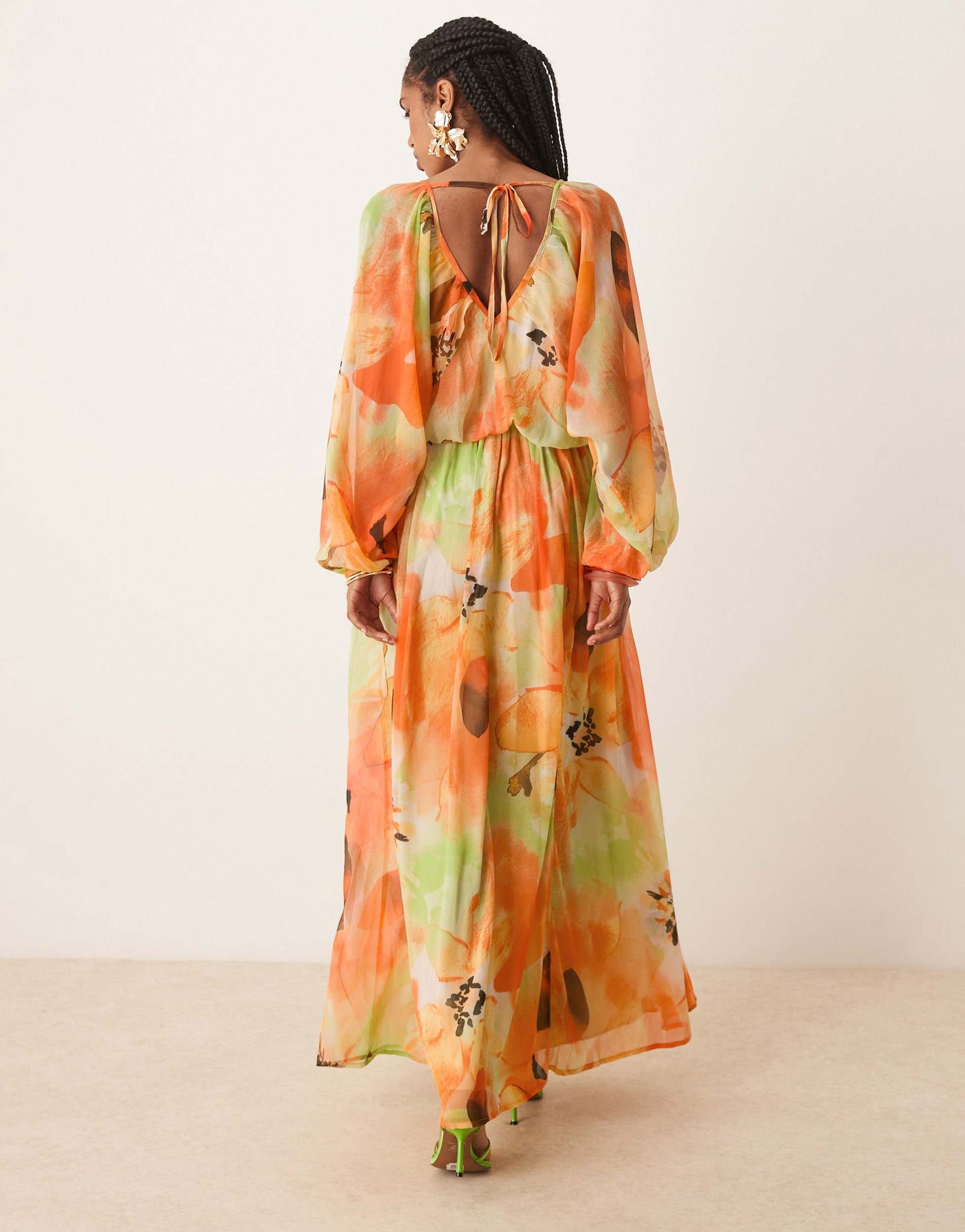 ASOS DESIGN long sleeve puff blouson maxi dress in overblown orange floral print
