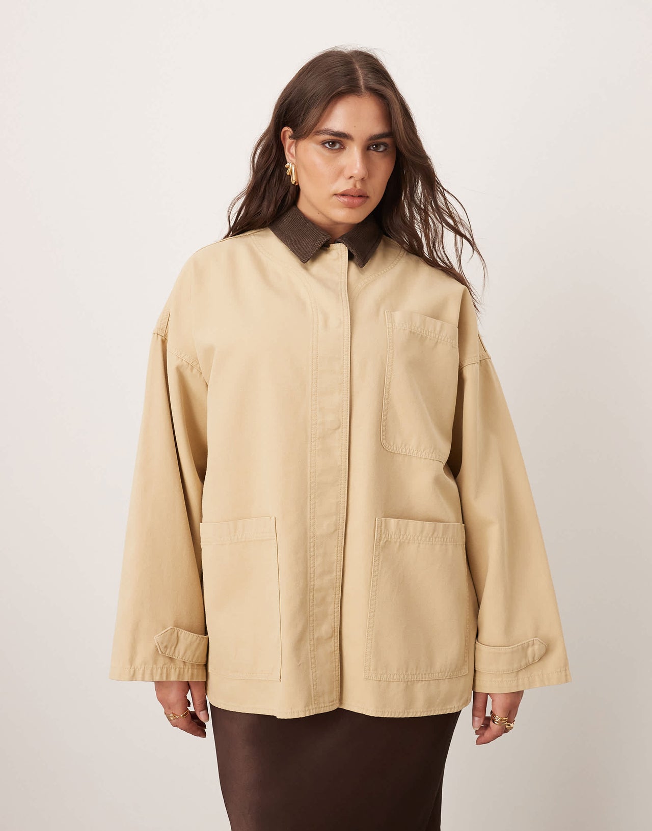ARRANGE Curve canvas oversized barn shacket with cord collar in camel