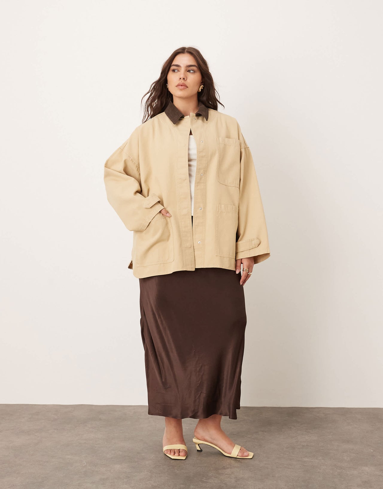 ARRANGE Curve canvas oversized barn shacket with cord collar in camel