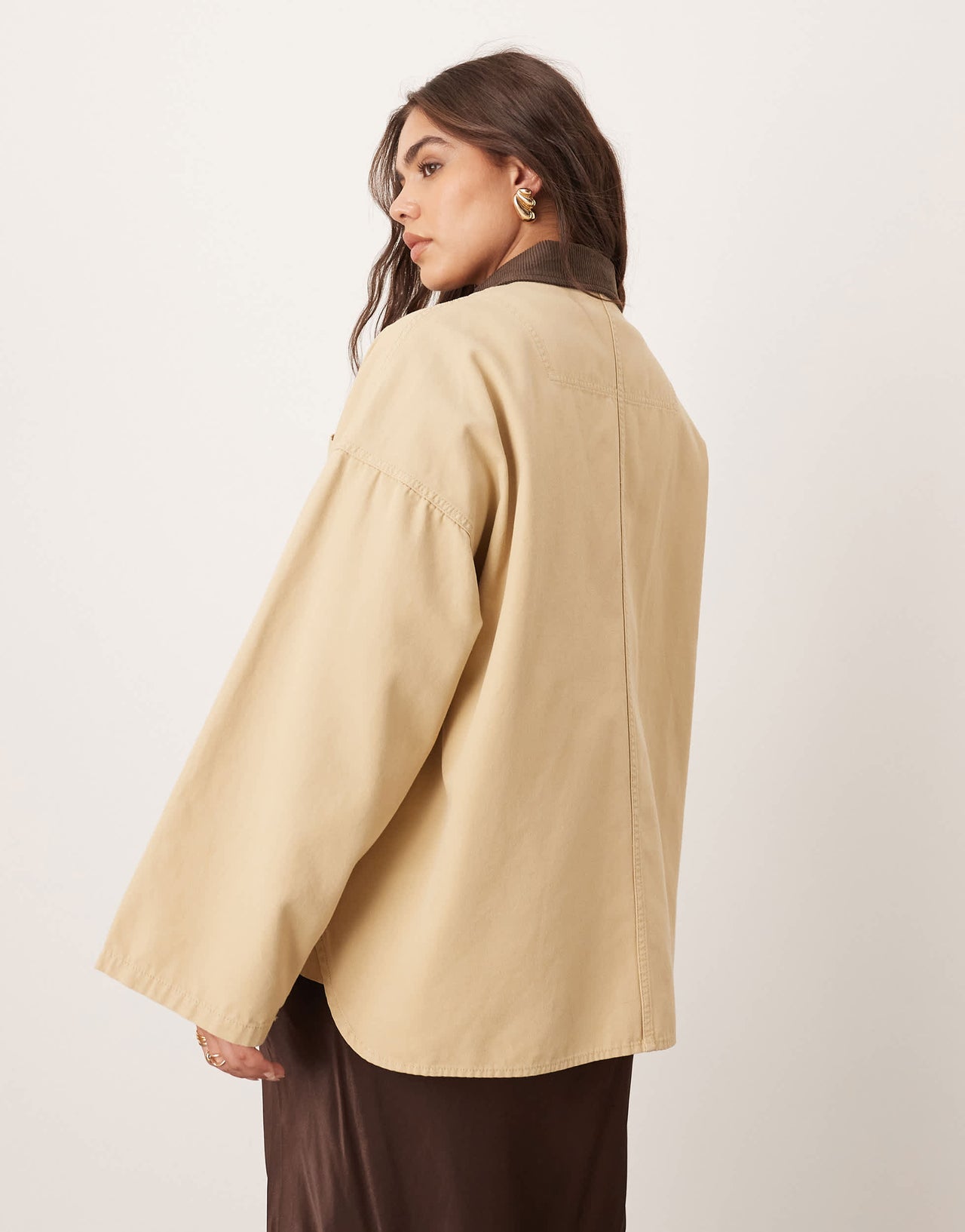 ARRANGE Curve canvas oversized barn shacket with cord collar in camel