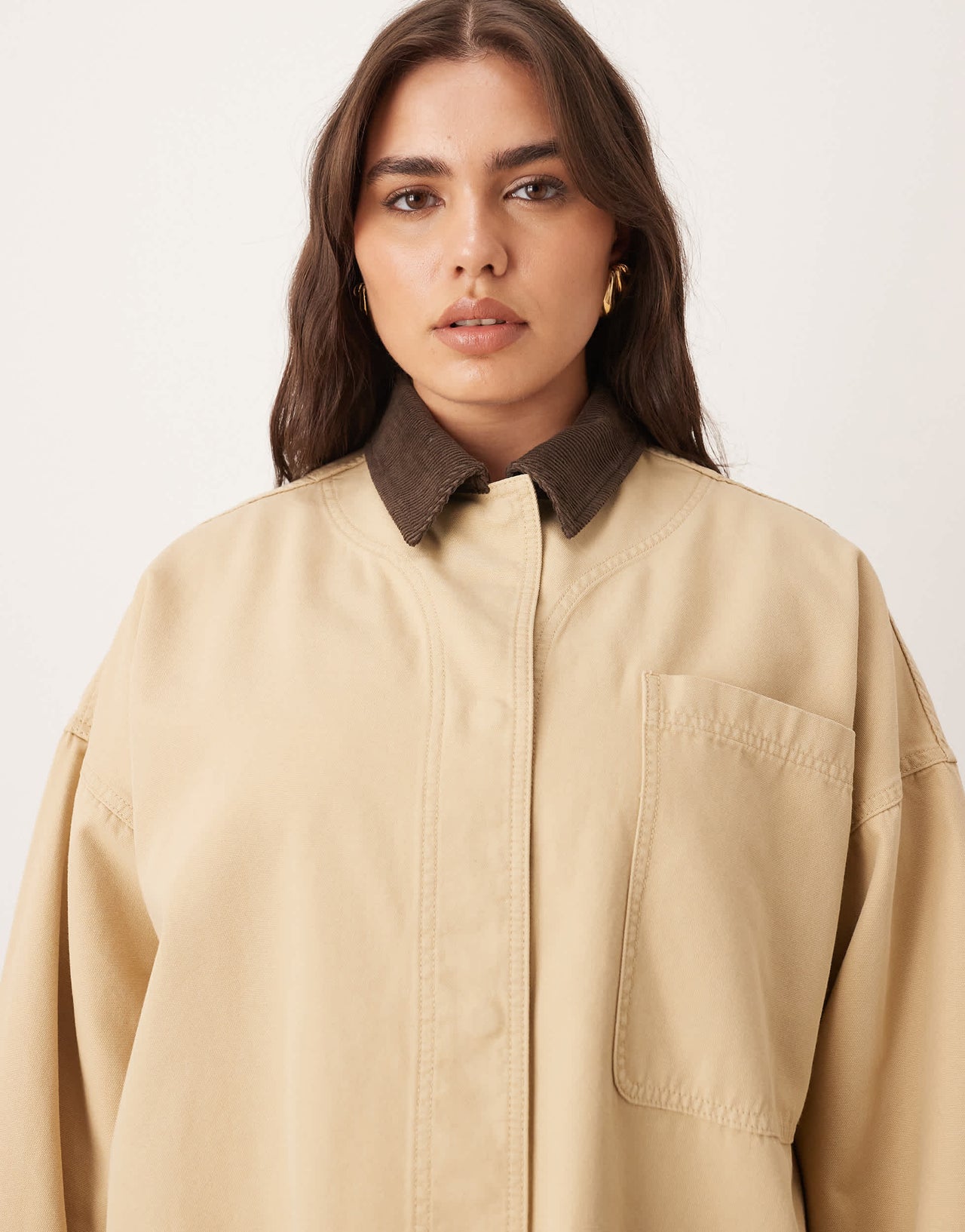 ARRANGE Curve canvas oversized barn shacket with cord collar in camel
