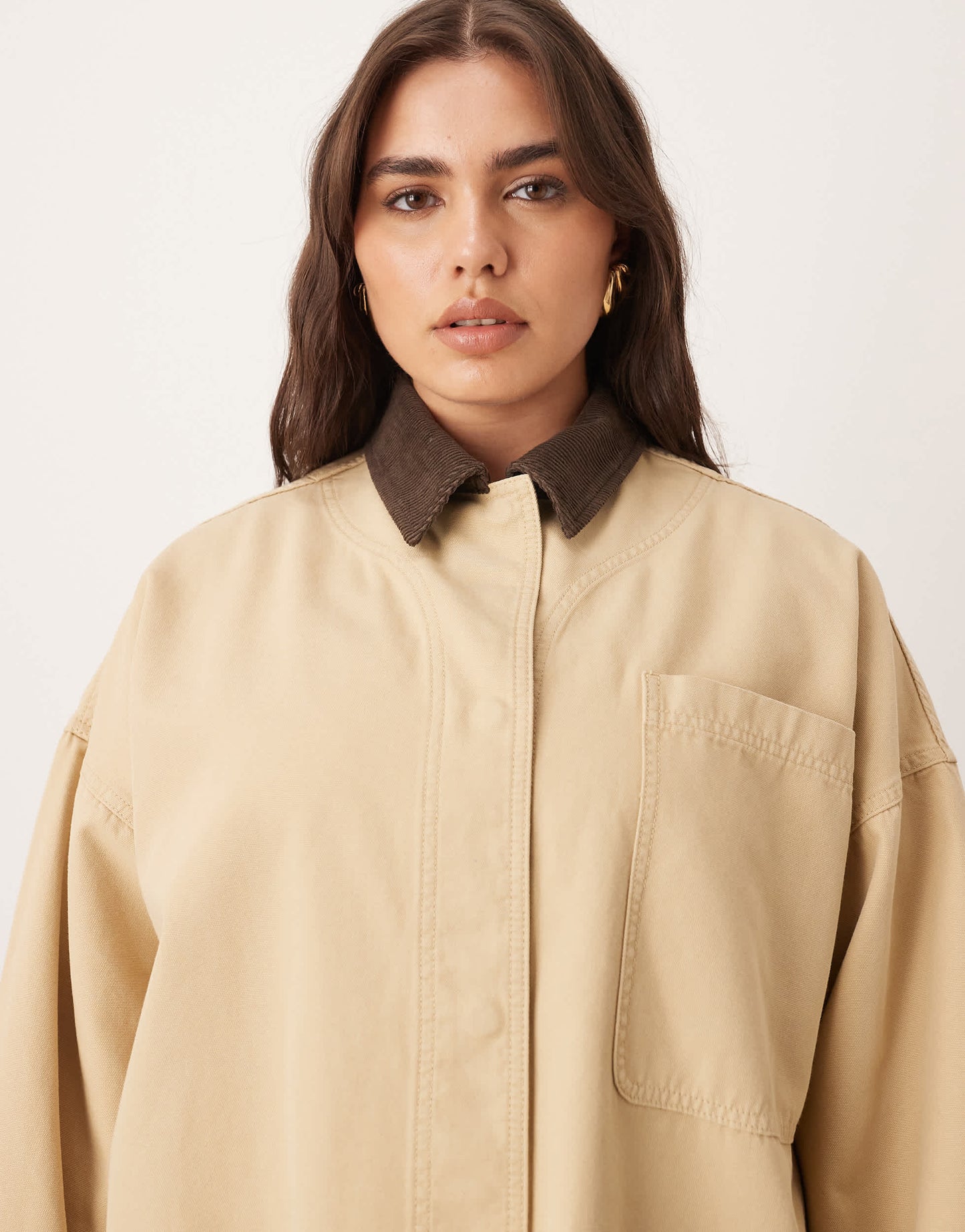 ARRANGE Curve canvas oversized barn shacket with cord collar in camel