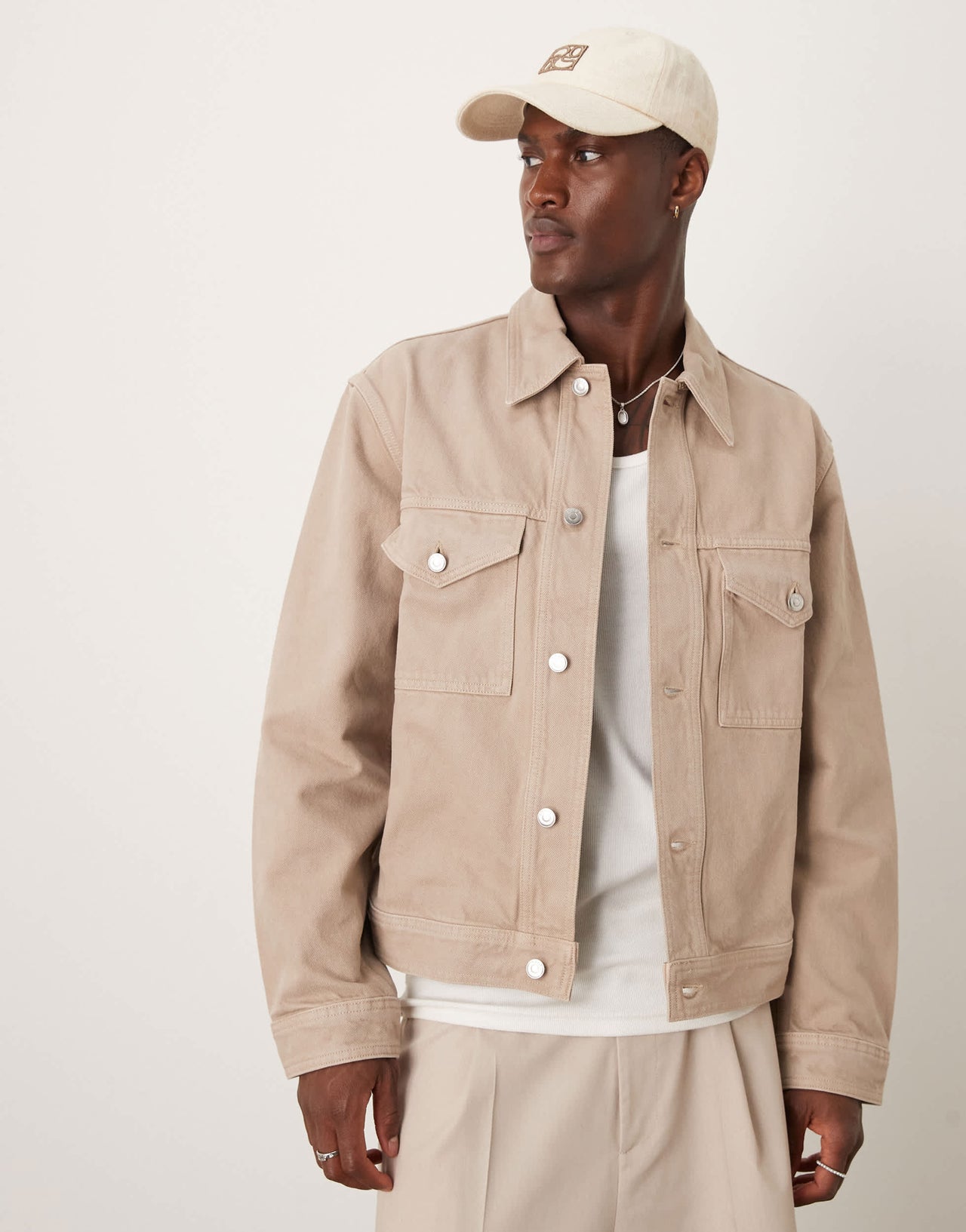 ARKET rigid denim trucker jacket in beige pigment wash