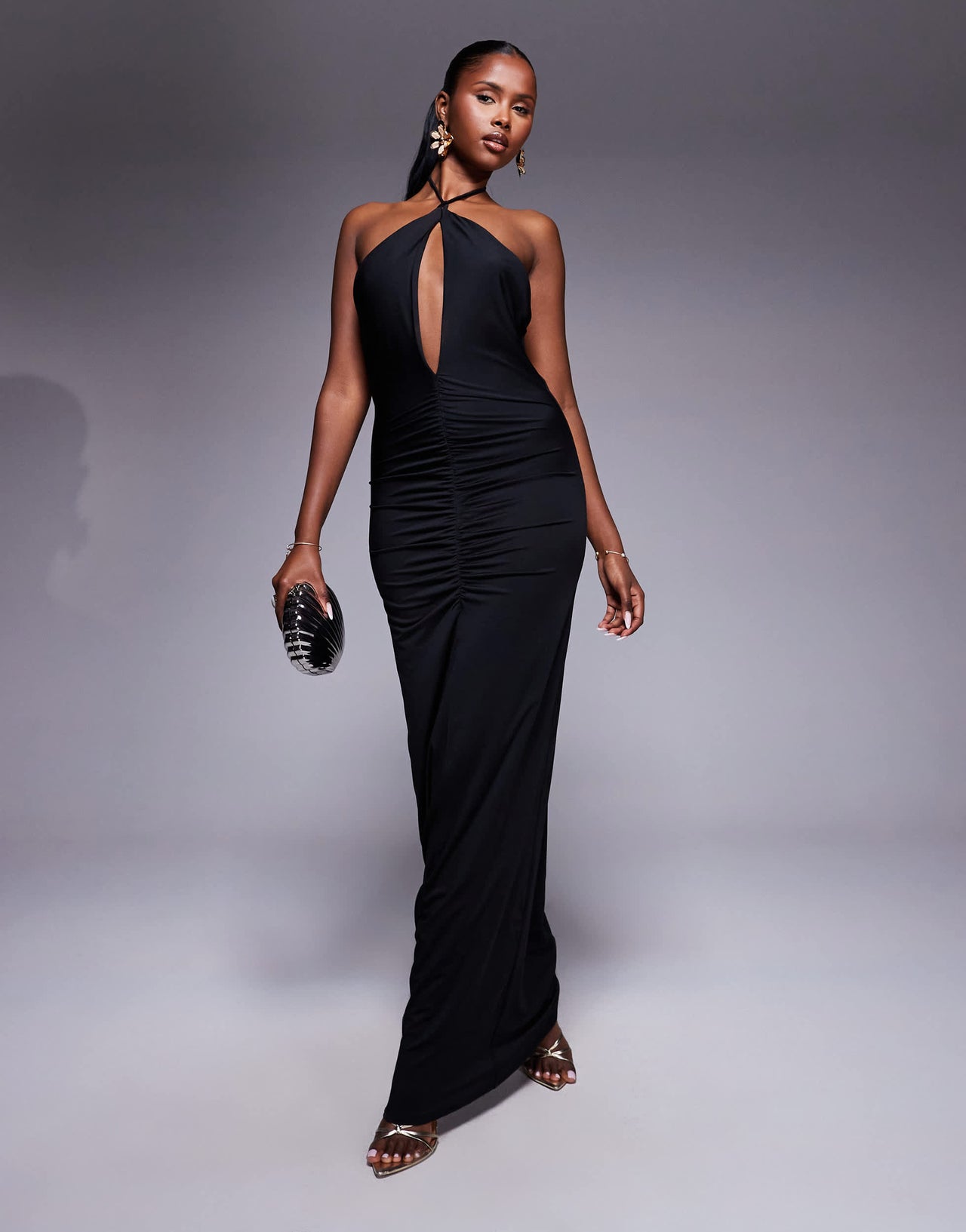 Aria Cove ruched cut out front halterneck maxi dress in black