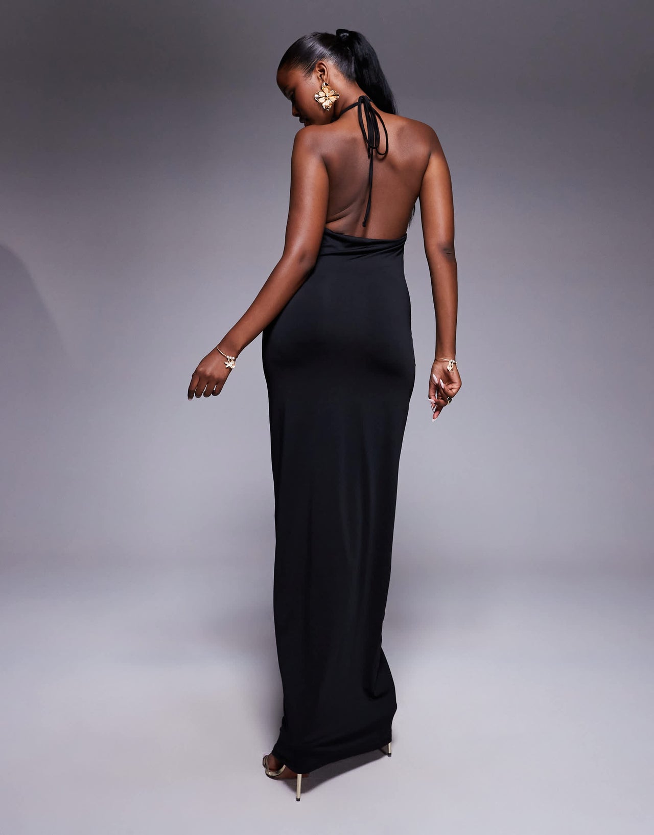 Aria Cove ruched cut out front halterneck maxi dress in black