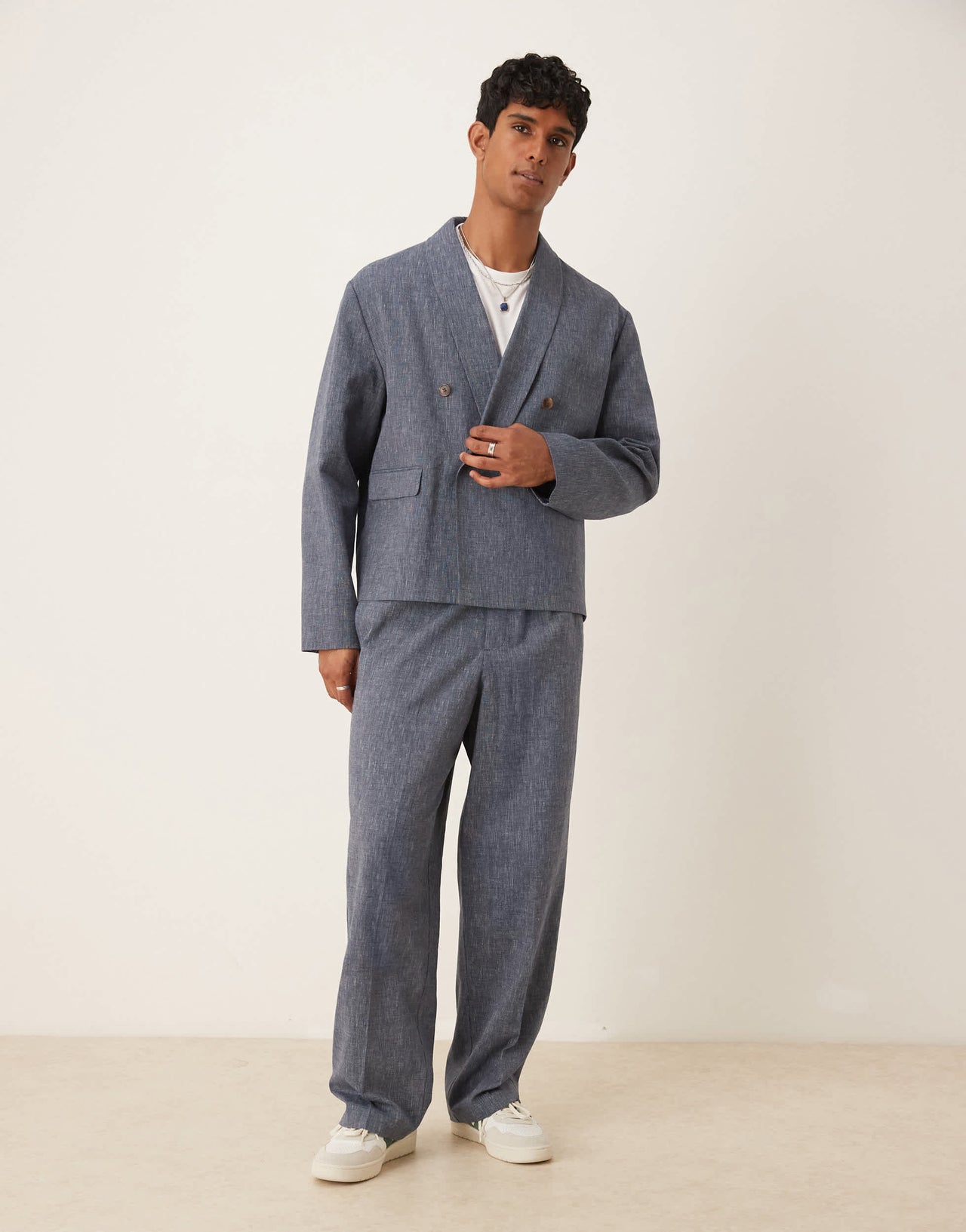ASOS DESIGN wide leg linen suit trousers in blue pinstripe with elasticated waist