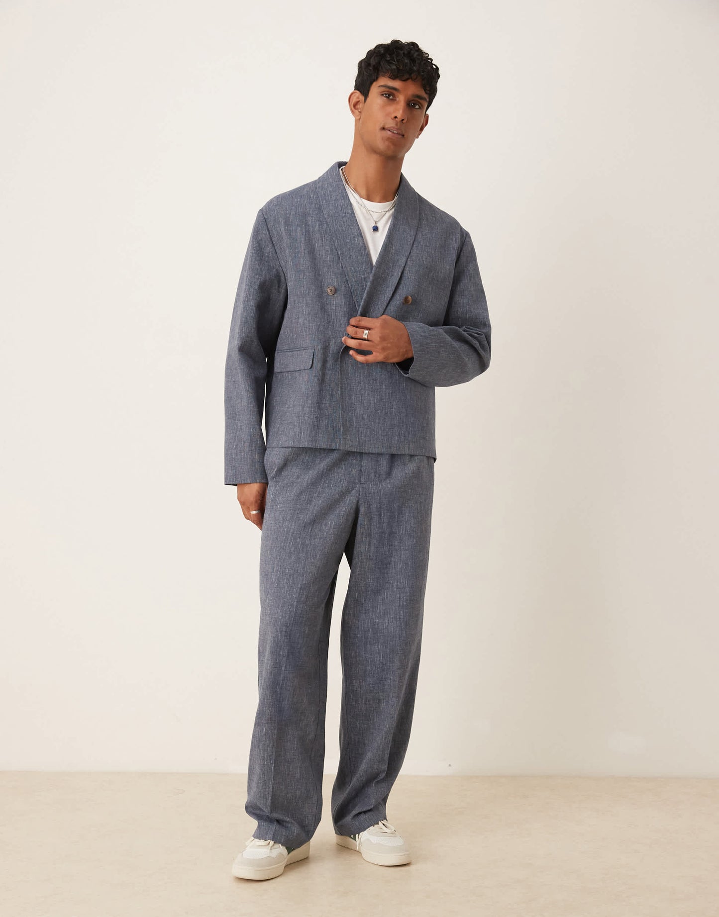 ASOS DESIGN wide leg linen suit trousers in blue pinstripe with elasticated waist