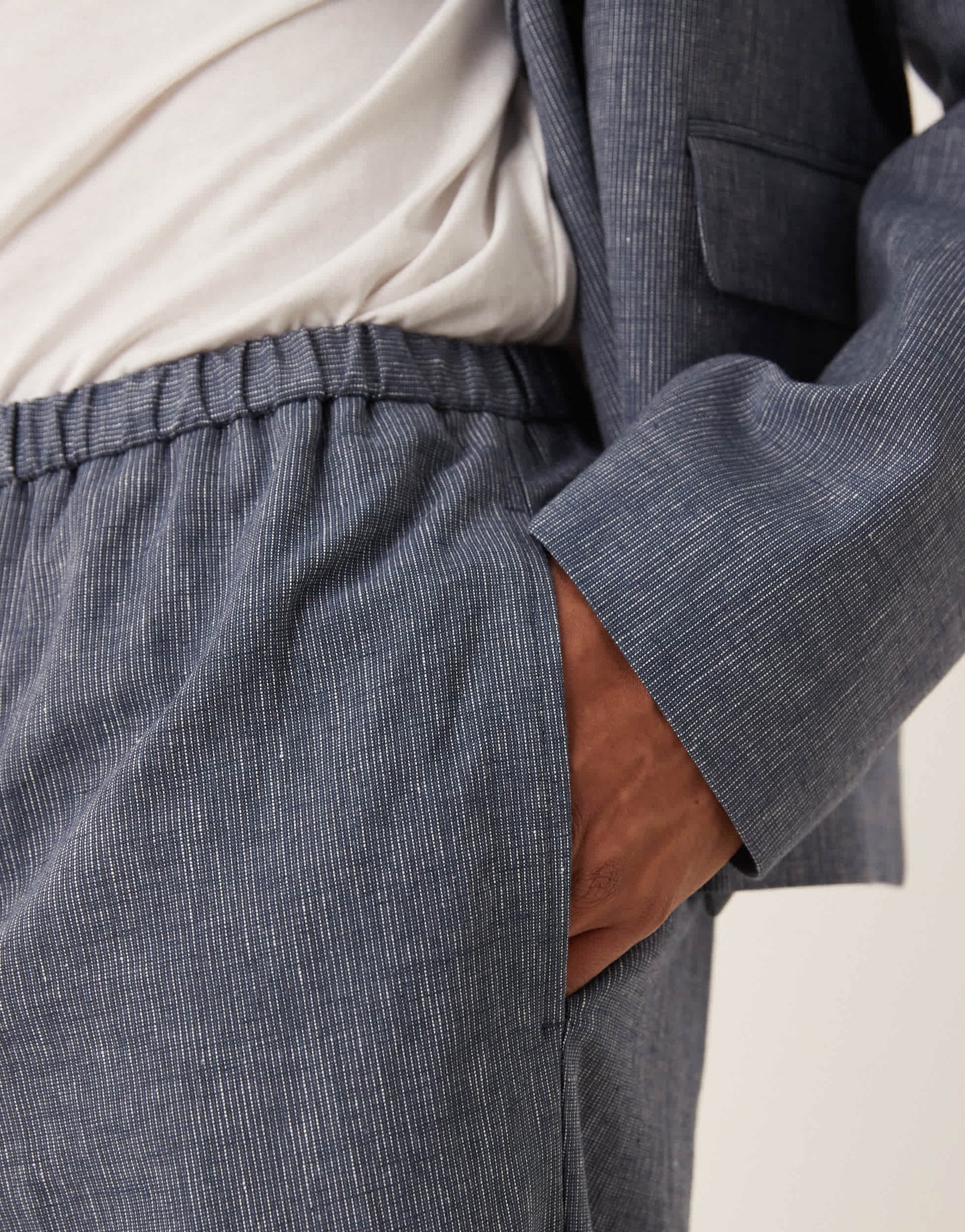 ASOS DESIGN wide leg linen suit trousers in blue pinstripe with elasticated waist