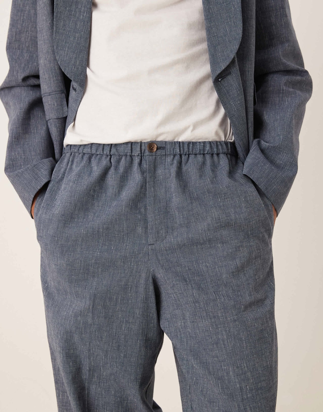 ASOS DESIGN wide leg linen suit trousers in blue pinstripe with elasticated waist