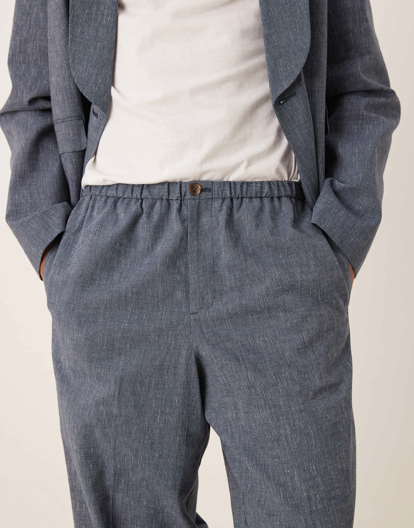 ASOS DESIGN wide leg linen suit trousers in blue pinstripe with elasticated waist
