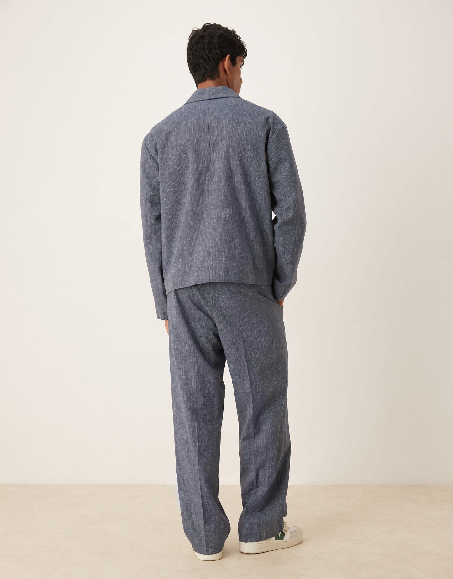 ASOS DESIGN wide leg linen suit trousers in blue pinstripe with elasticated waist