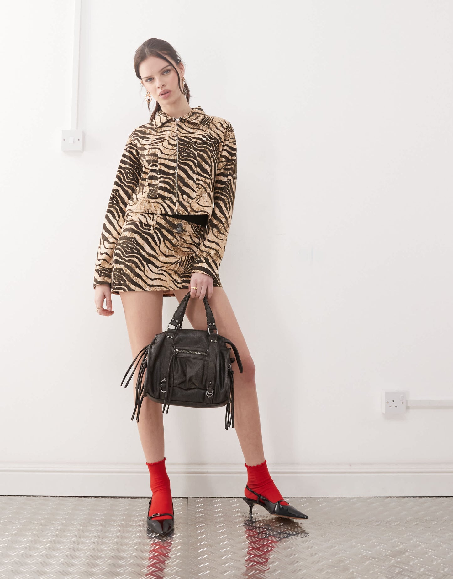 Motel oiwa wild animal mini skirt co-ord in cream and brown