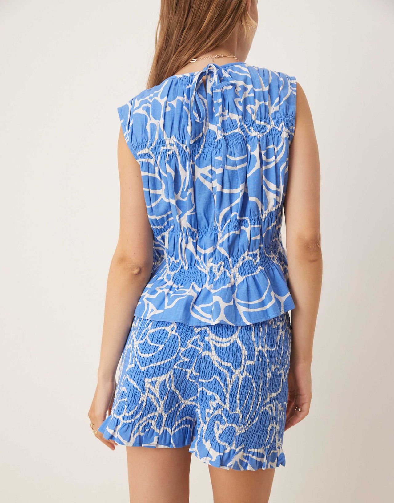 ASOS DESIGN linen blend shirred knicker shorts co-ord in blue abstract print