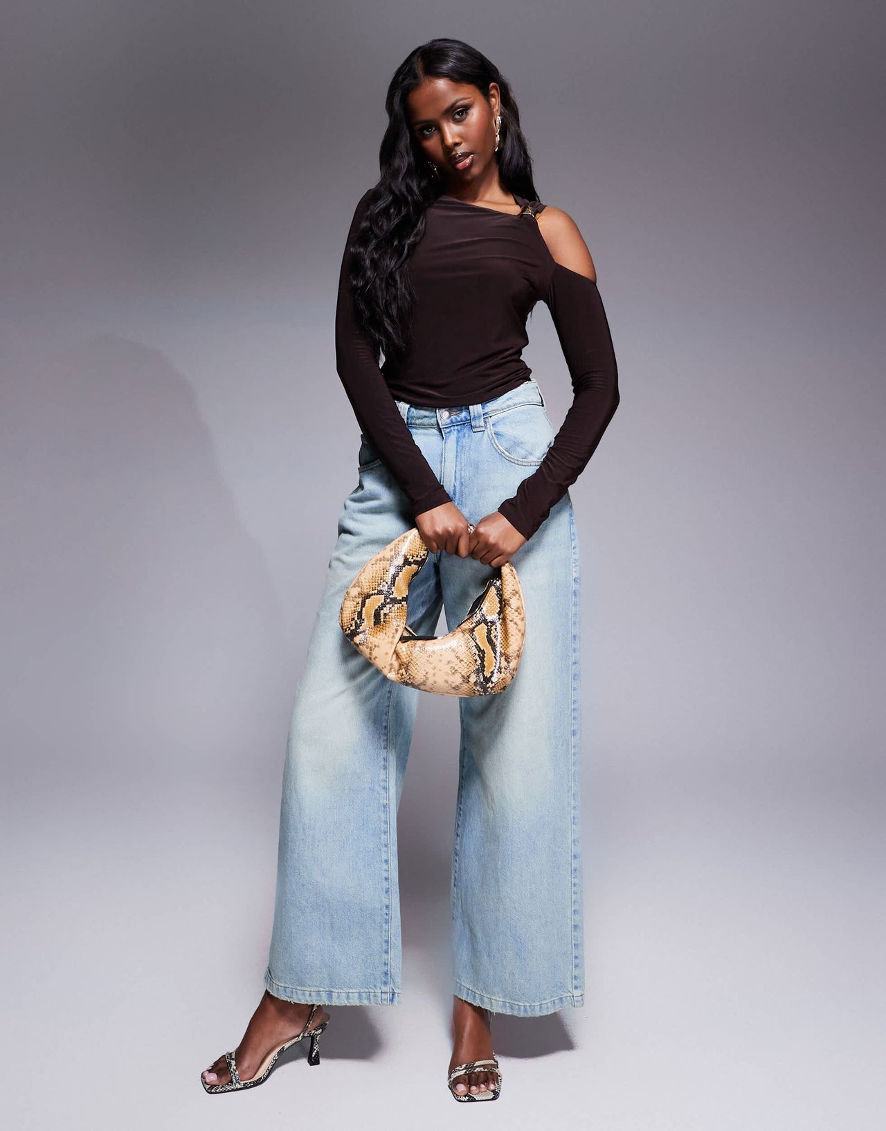 ASOS DESIGN slinky long sleeve twist shoulder gold detail top in chocolate